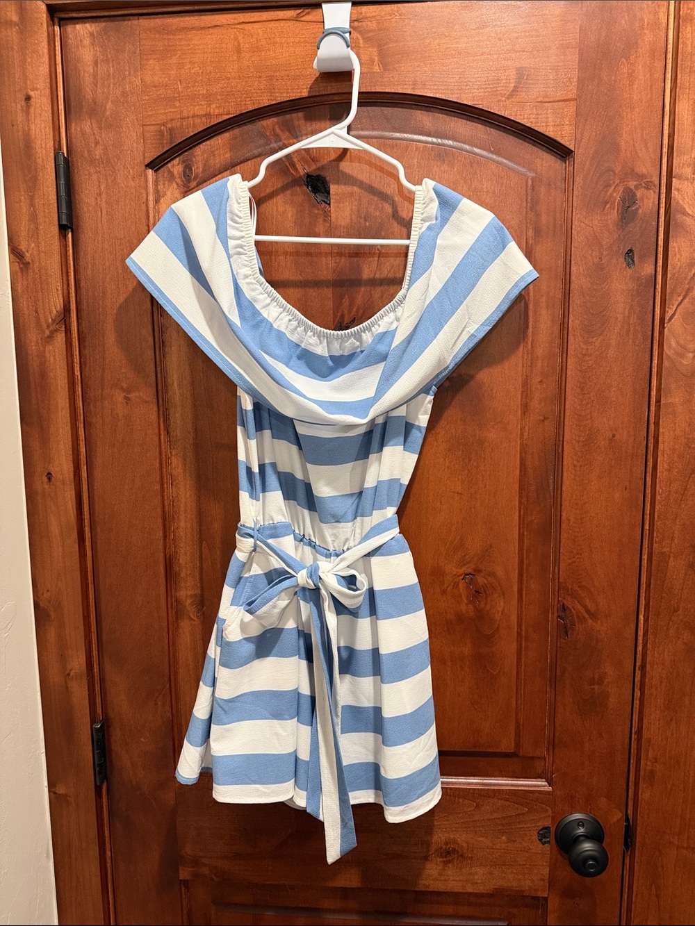 HYFVE Blue and White Striped Off-Shoulder Romper with Tie Waist